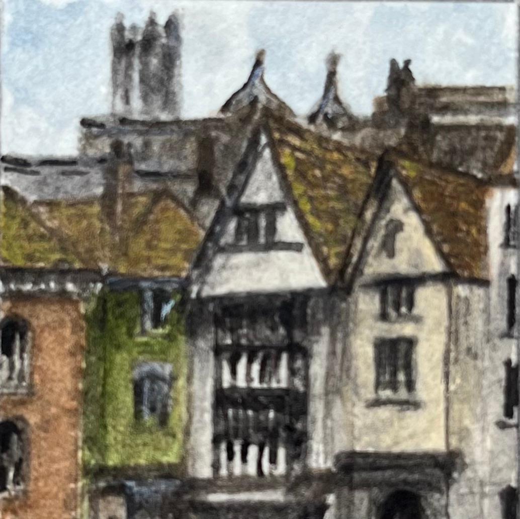 Acquerello storico in miniatura di Christmas Steps e St Bartholomew's Hospital - Landscape Art Grigio di Jack Grunwell