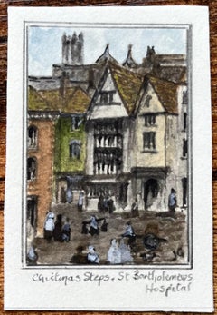 Aquarelle miniature historique des marches de Noël et de l'hôpital Saint-Barthélemy