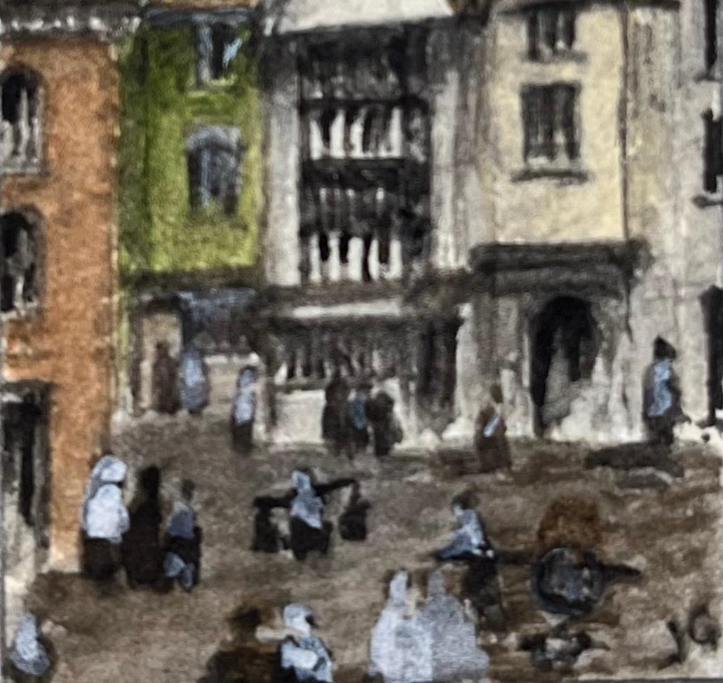Acquerello storico in miniatura di Christmas Steps e St Bartholomew's Hospital - Art Scuola inglese di Jack Grunwell