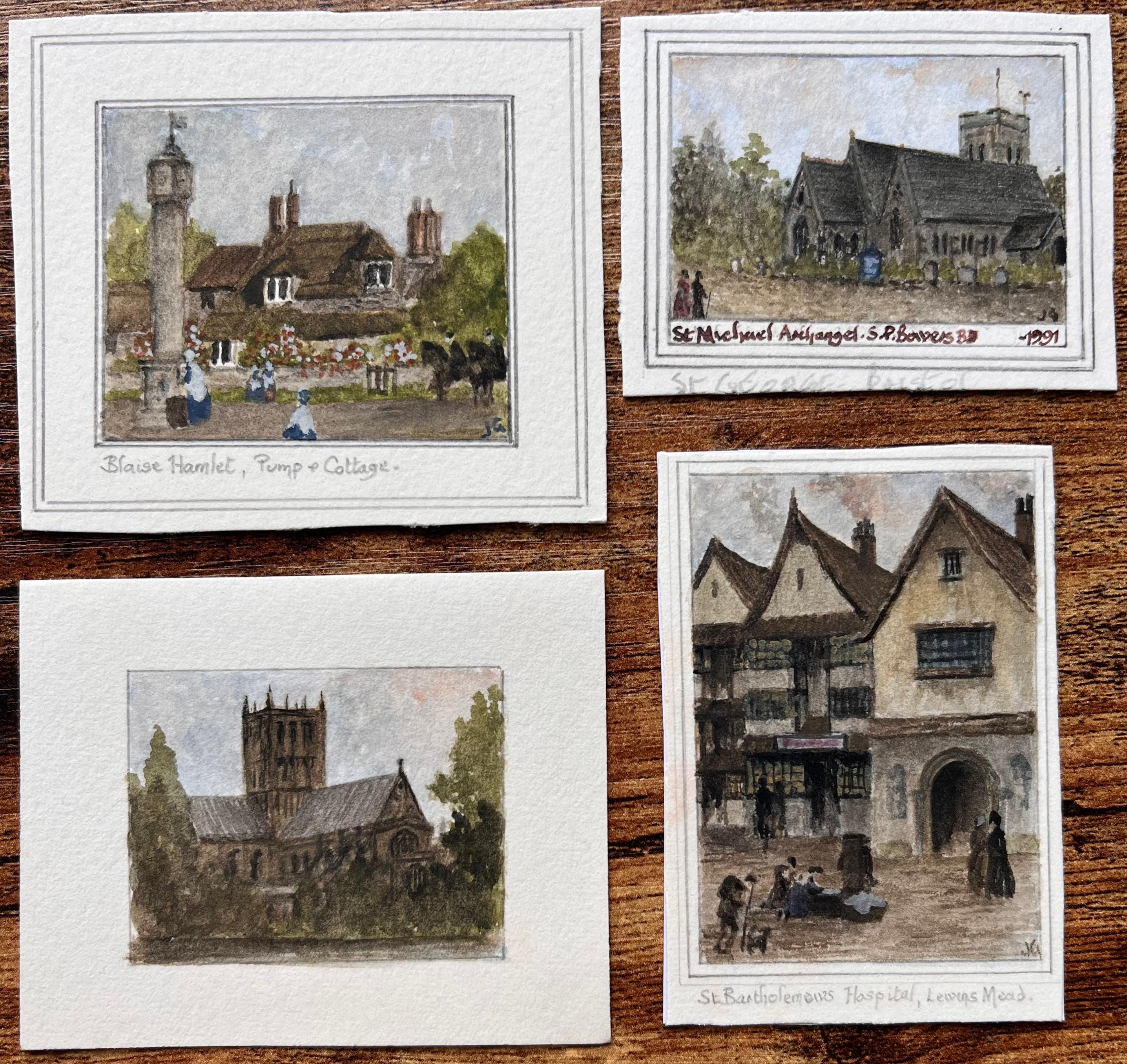 Set of Four Historic Miniature Watercolors of Blaise Hamlet and Bristol Landmark - Art by Jack Grunwell