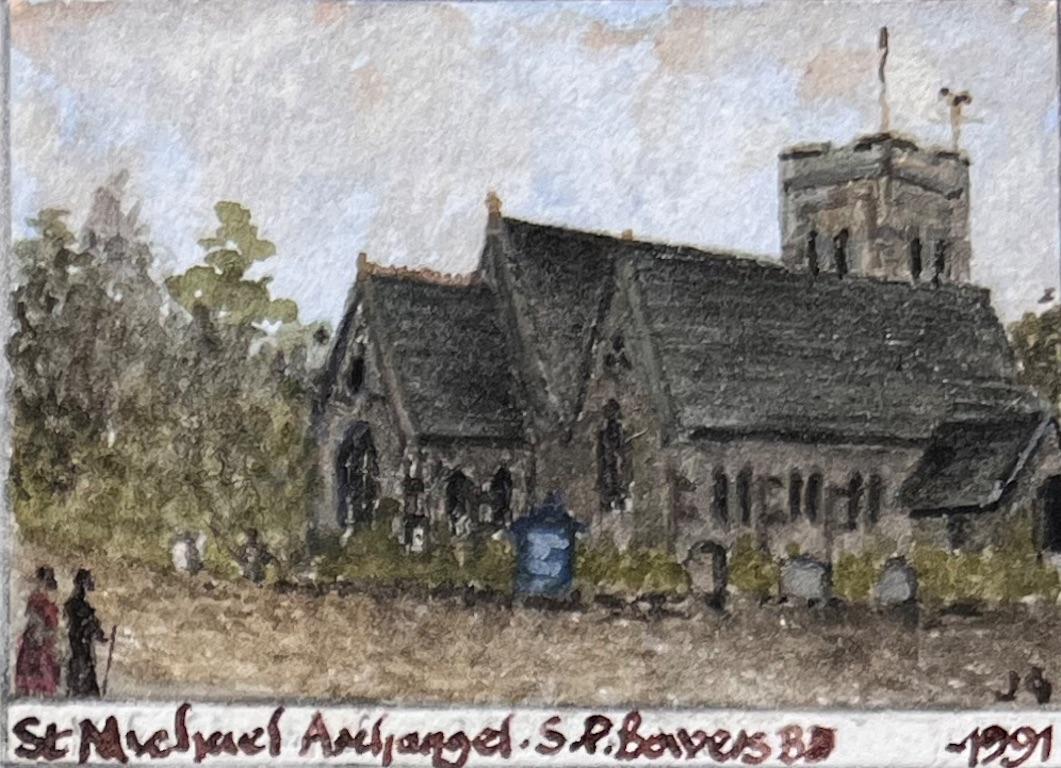 Title: Set of Four Historic Miniature Watercolors of Blaise Hamlet and Bristol Landmarks
by Jack Grunwell, 20th century British artist 
Medium: Watercolor on thin card, unframed
Measurements (each): Approx. : 2.75 inches (height) x 3.25 inches