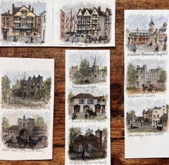 Set of 12 Miniature Watercolors of Historic Bristol Churches and Landmarks