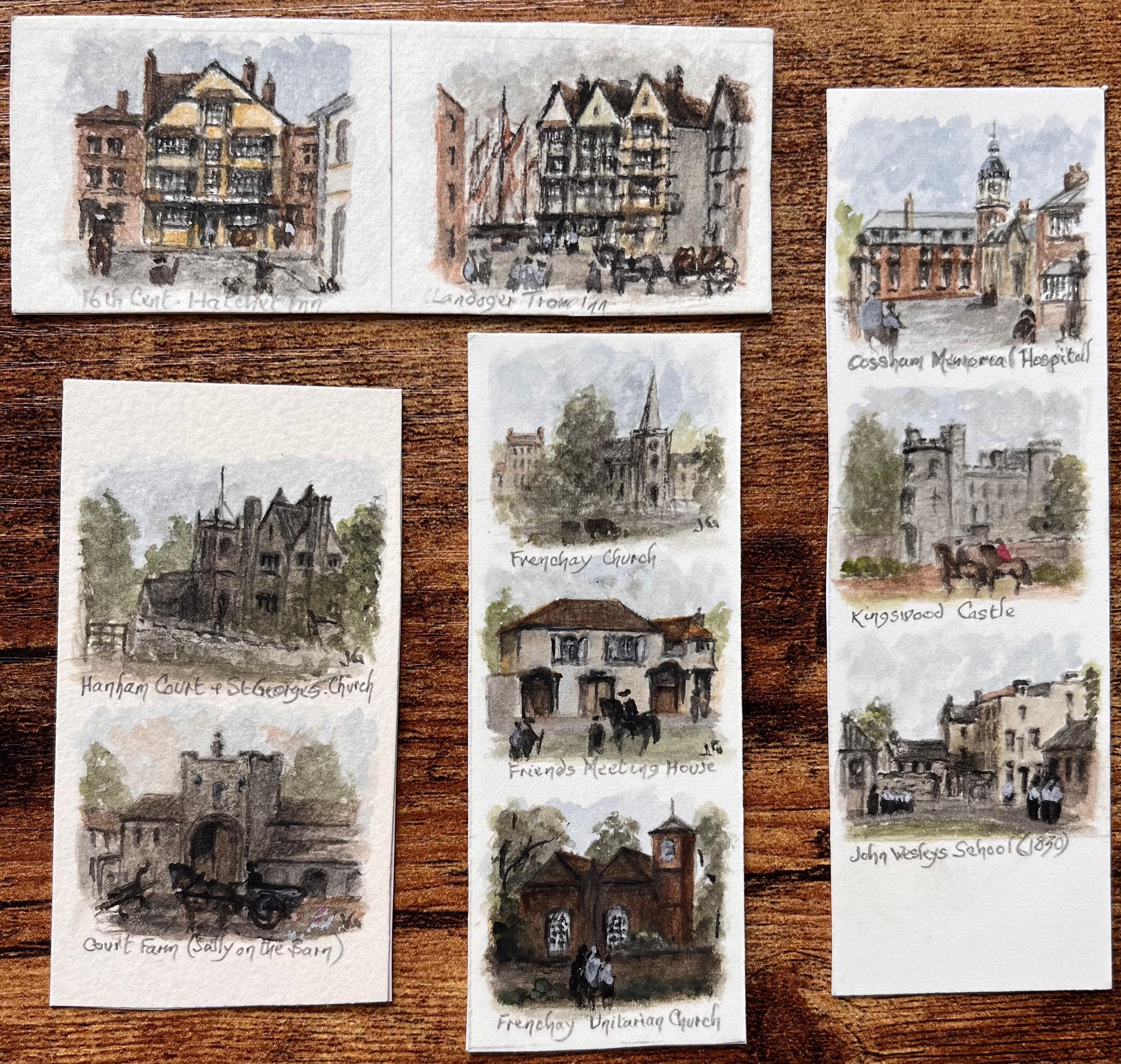 Set of 12 Miniature Watercolors of Historic Bristol Churches and Landmarks - Painting by Jack Grunwell