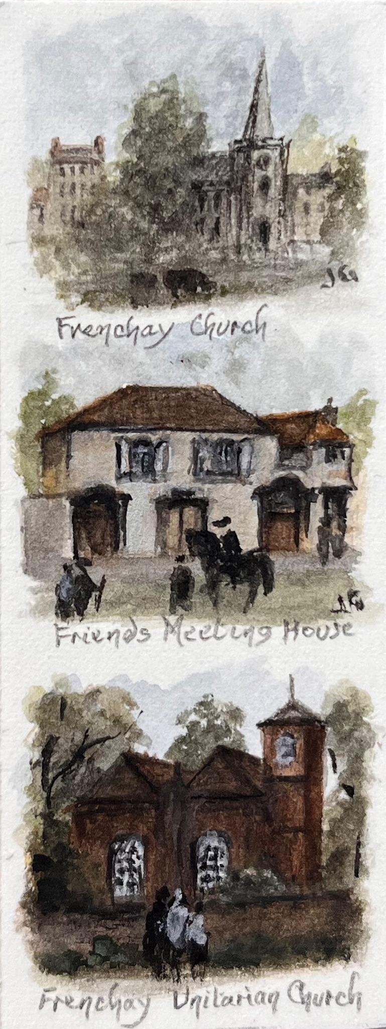 Title: Set of 12 Miniature Watercolors of Historic Bristol Churches and Landmarks
by Jack Grunwell, 20th century British artist 
Medium: Watercolor on thin card, unframed
Measurements (each): Approx. : 4 inches (height) x 1.5 inches