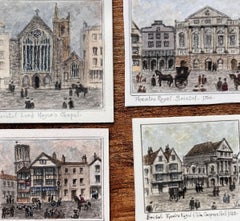 Conjunto de cuatro acuarelas en miniatura de teatros y capillas históricos de Bristol
