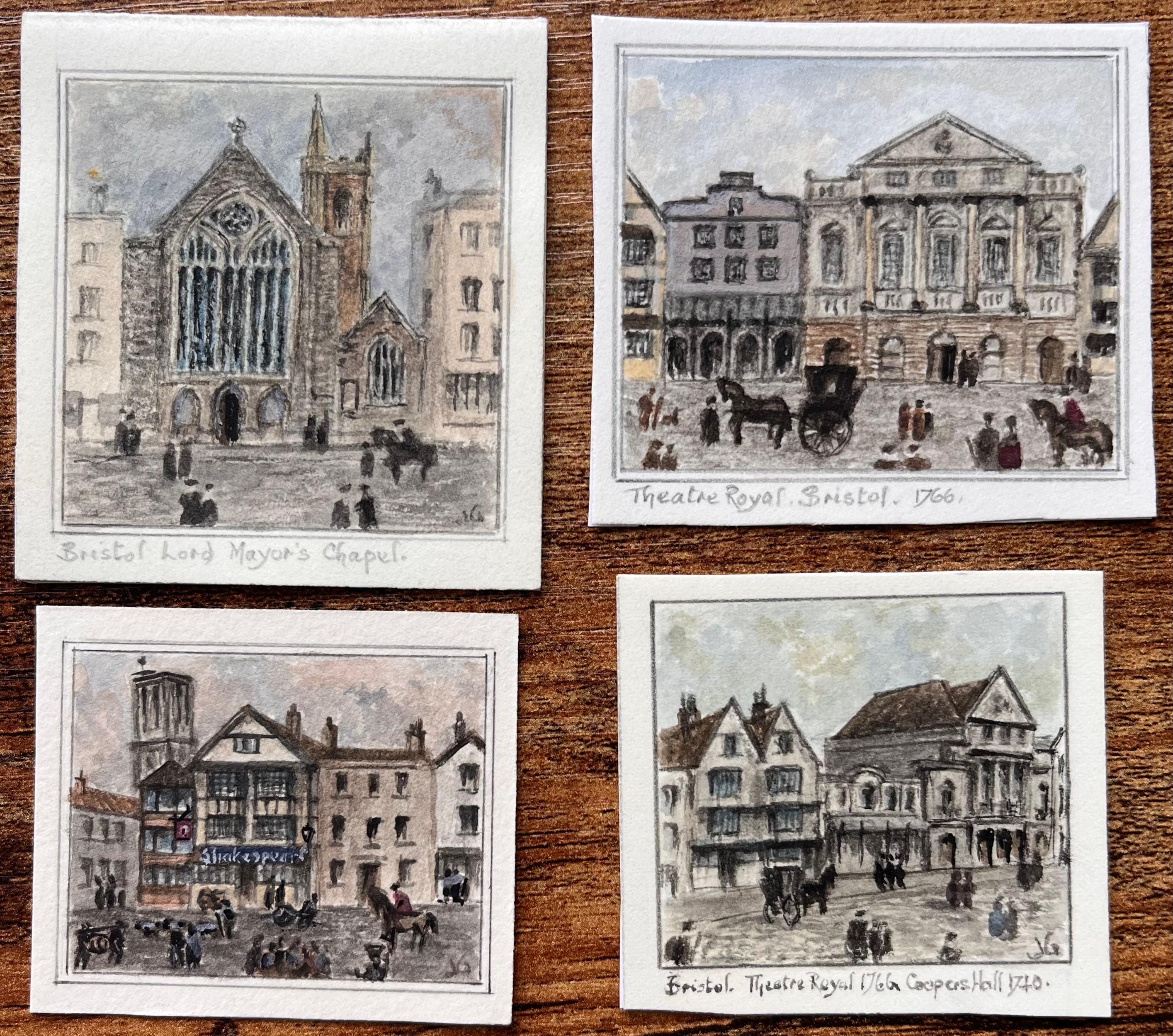 Set of Four Miniature Watercolors of Historic Theatres and Chapels in Bristol - Art by Jack Grunwell