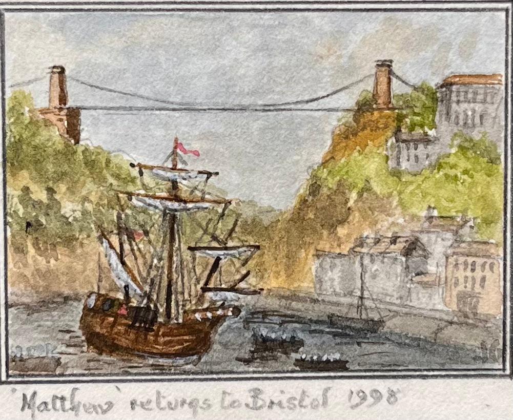 Satz von drei maritimen Miniatur-Aquarellen historischer Bristol-Schiffe (Schwarz), Landscape Painting, von Jack Grunwell