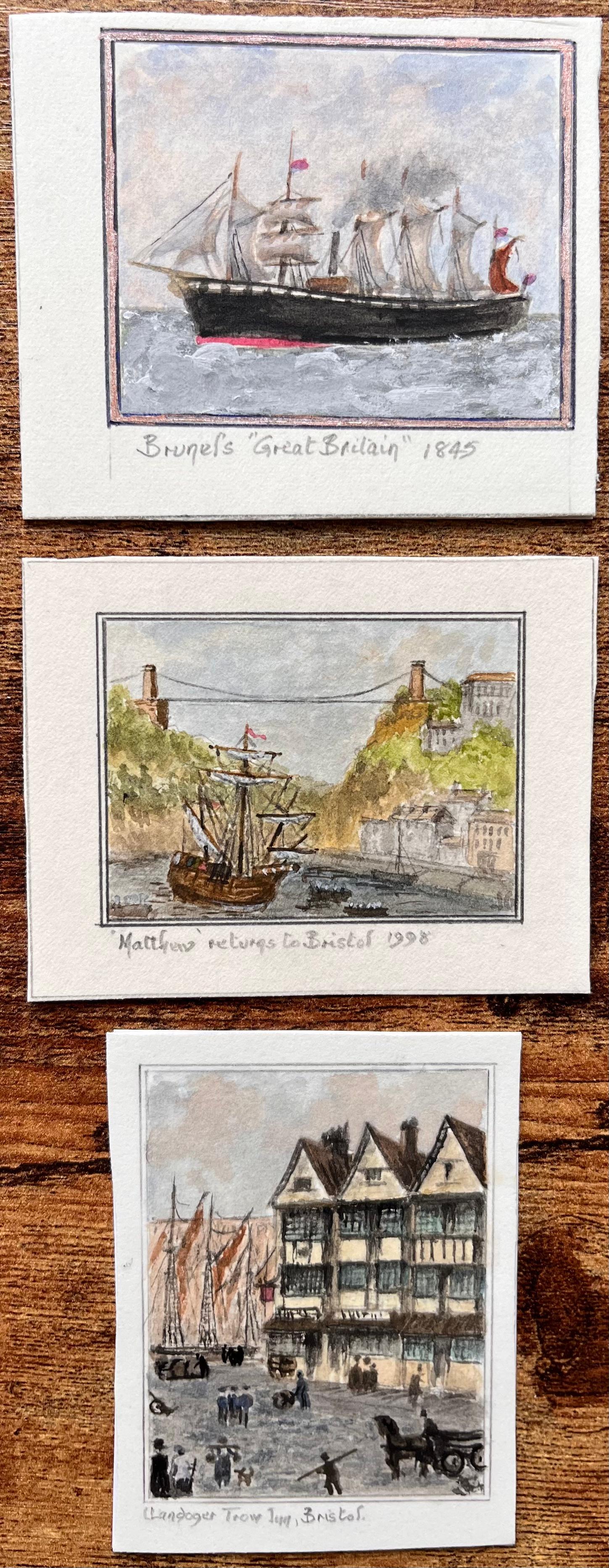 Satz von drei maritimen Miniatur-Aquarellen historischer Bristol-Schiffe – Painting von Jack Grunwell