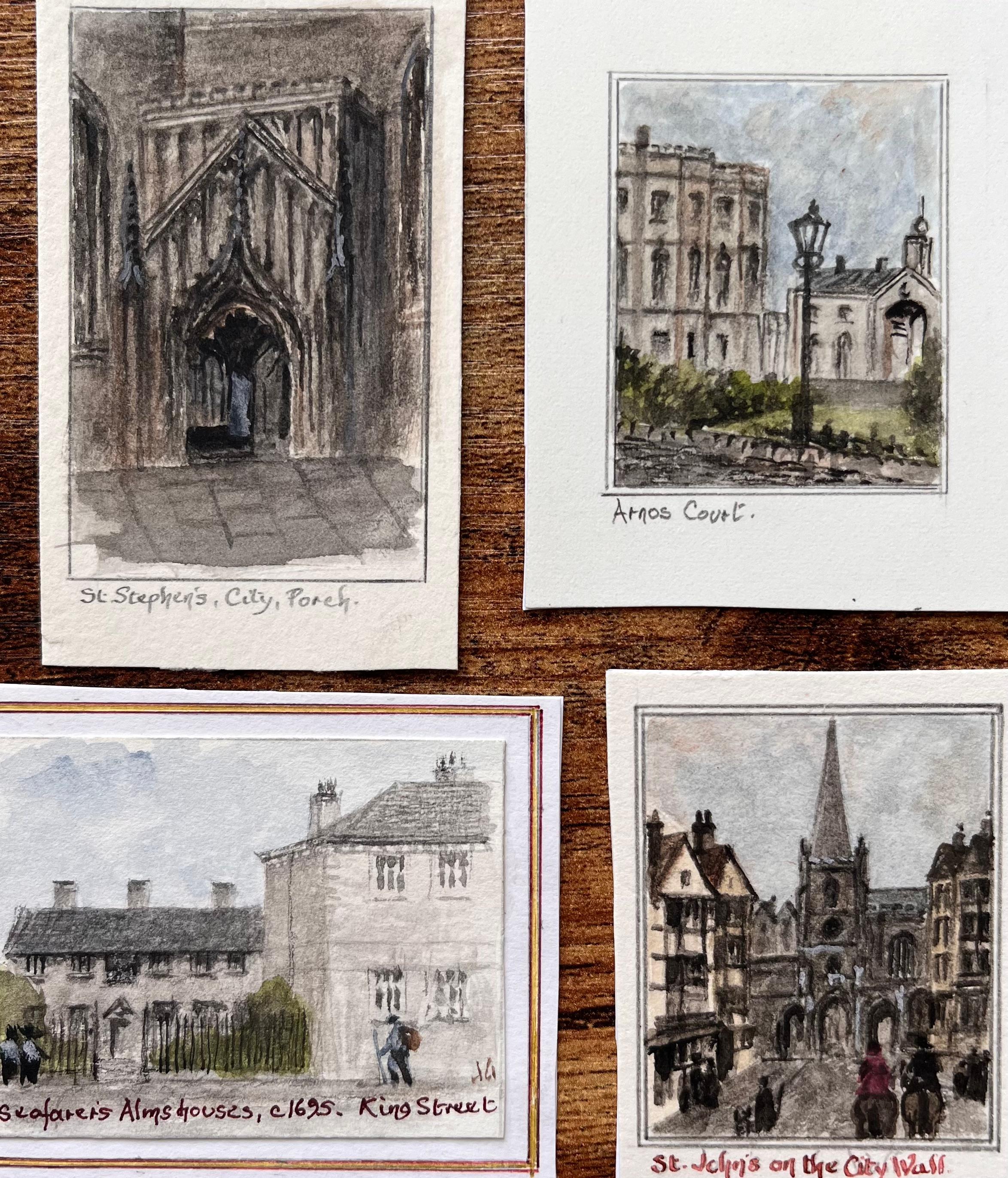 Set of Four Miniature Watercolors of Historic Bristol Churches and Almshouses