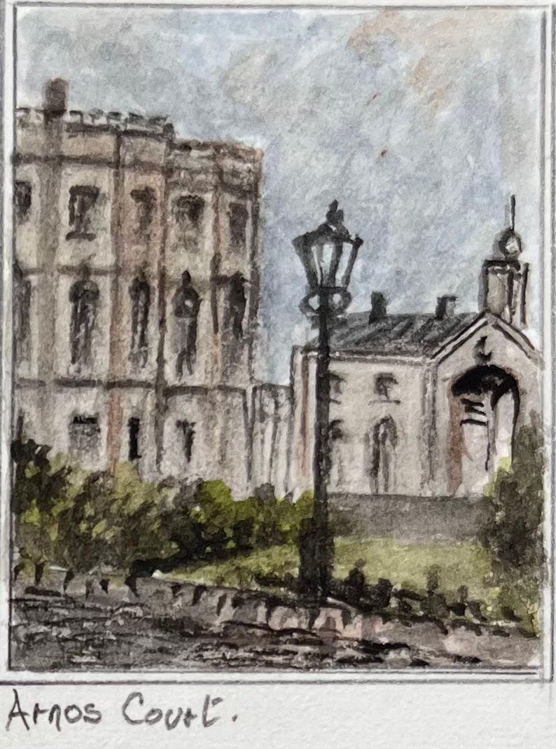Set of Four Miniature Watercolors of Historic Bristol Churches and Almshouses - Gray Landscape Art by Jack Grunwell