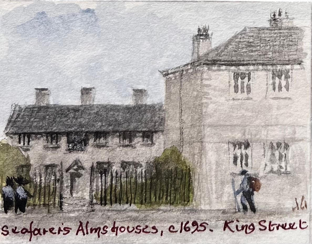 Title: Set of Four Miniature Watercolors of Historic Bristol Churches and Almshouses
by Jack Grunwell, 20th century British artist 
Medium: Watercolor on thin card, unframed
Measurements (each): Approx. : 2.75 inches (height) x 2.5 inches