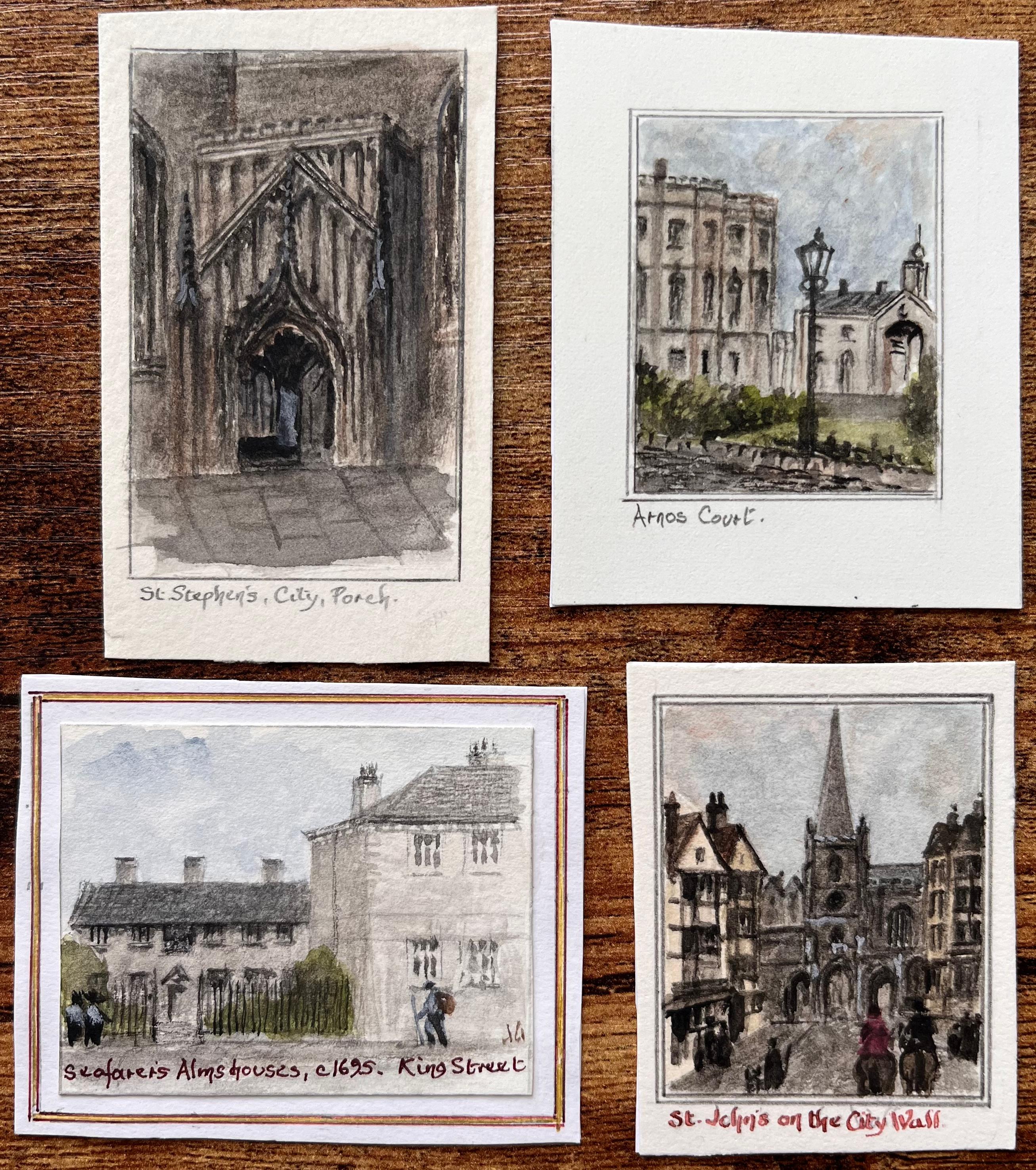 Set of Four Miniature Watercolors of Historic Bristol Churches and Almshouses - Art by Jack Grunwell