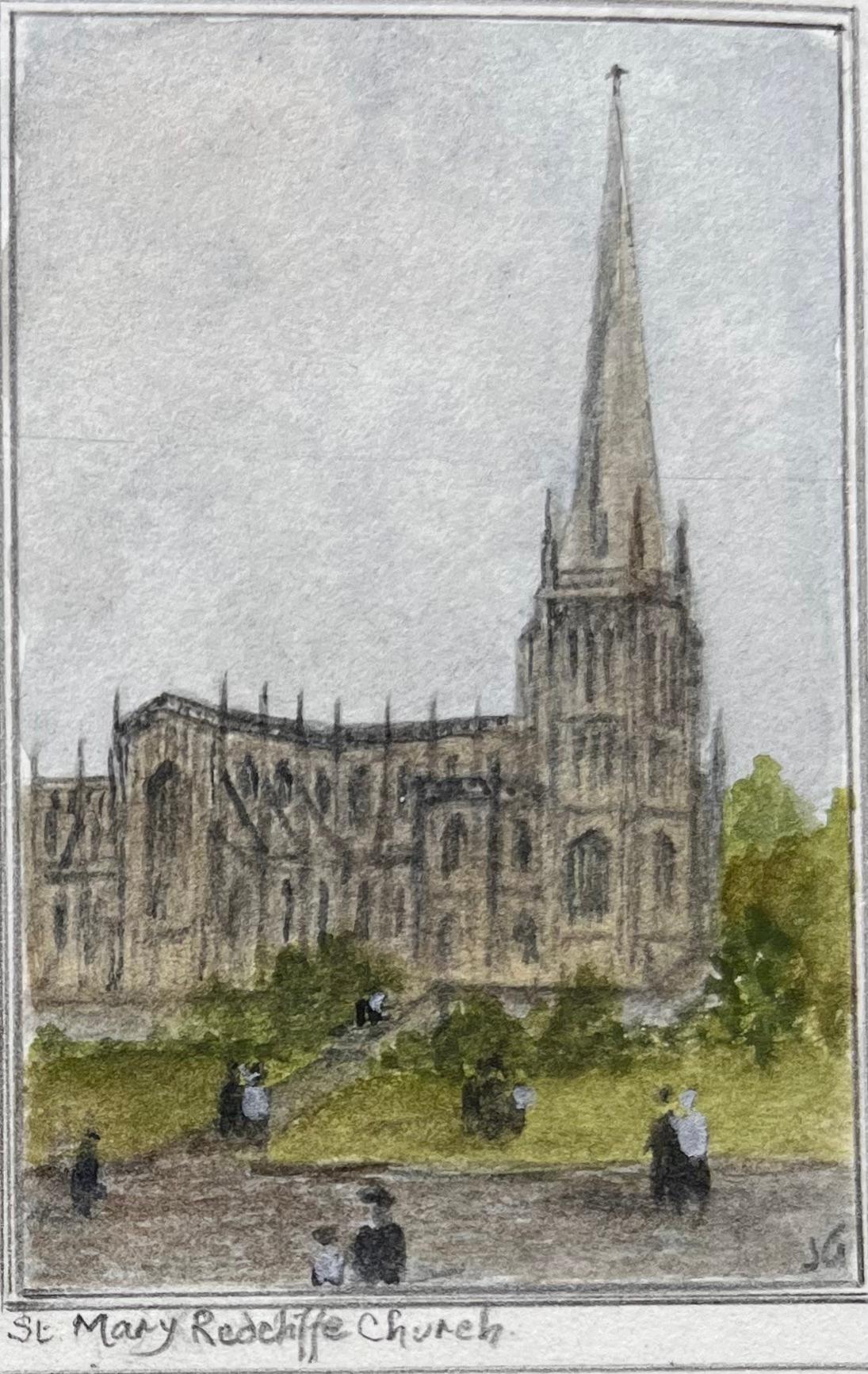 Ensemble de quatre aquarelles miniatures représentant des églises et des monuments de Bristol - Gris Landscape Art par Jack Grunwell