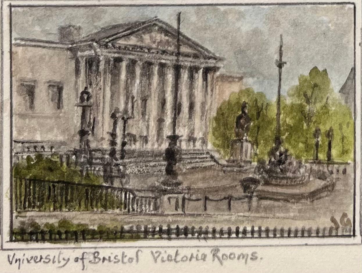 Titre : Ensemble de quatre aquarelles miniatures d'églises et de sites civiques de Bristol
par Jack Grunwell, artiste britannique du 20e siècle 
Support : Aquarelle sur carton fin, non encadrée
Mesures (chacune) : Environ entre : 3,75 pouces