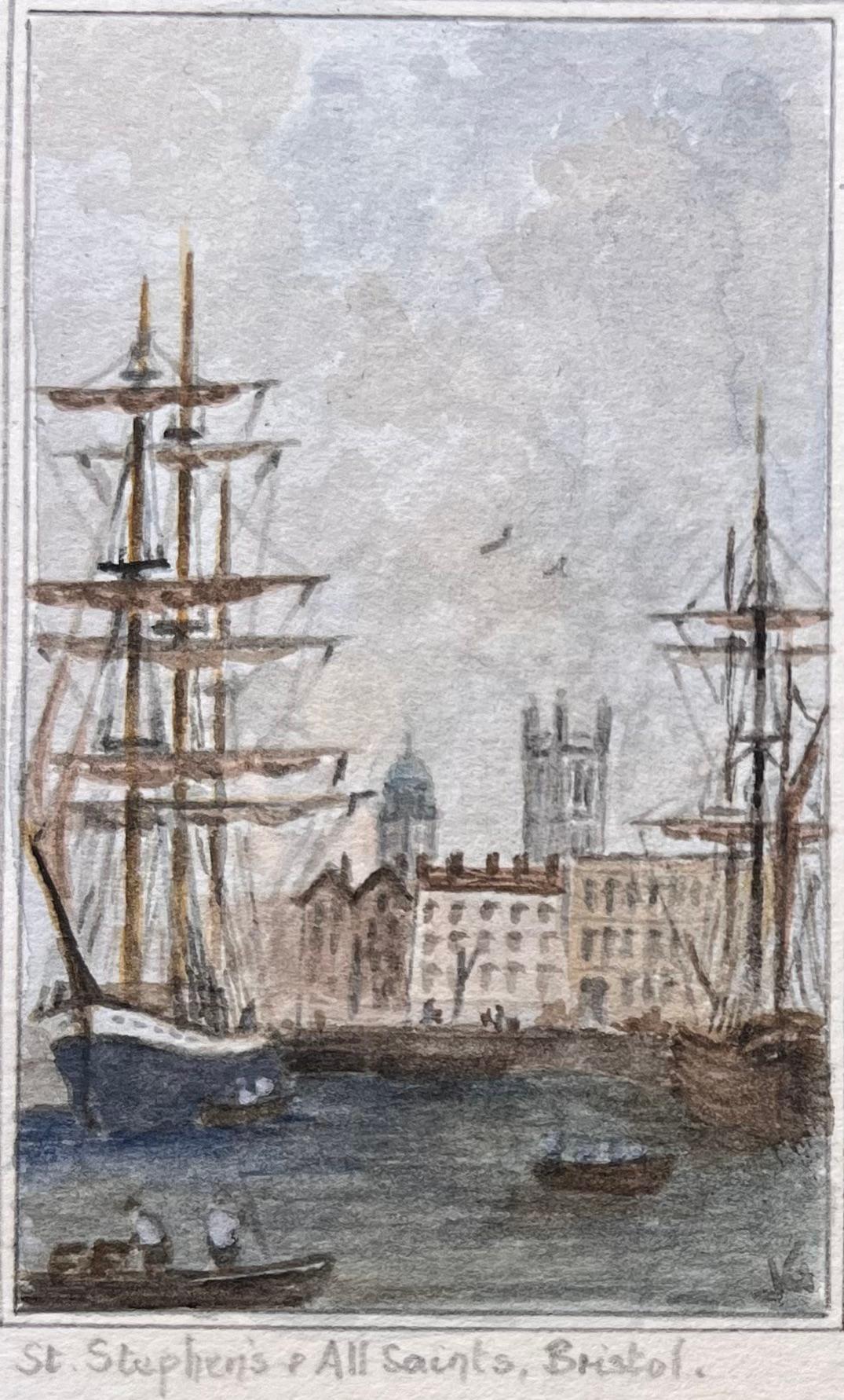 Ensemble de quatre aquarelles miniatures représentant des églises et des monuments de Bristol - École anglaise Art par Jack Grunwell