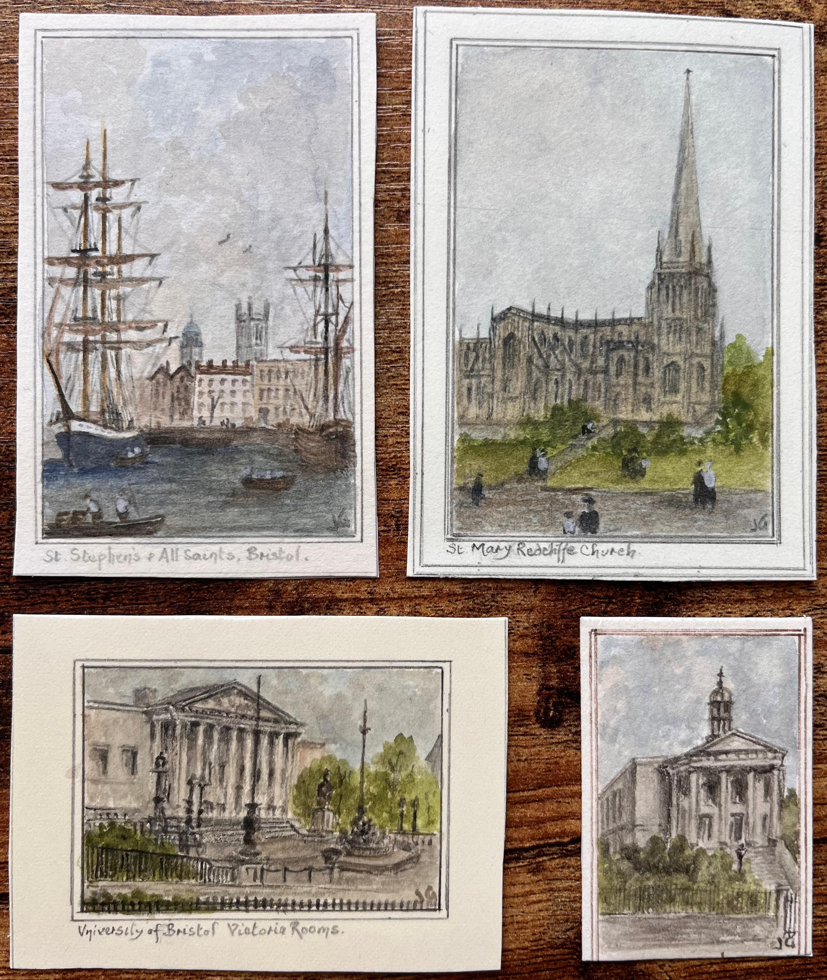 Ensemble de quatre aquarelles miniatures représentant des églises et des monuments de Bristol - Art de Jack Grunwell