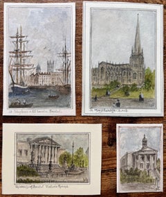 Ensemble de quatre aquarelles miniatures représentant des églises et des monuments de Bristol