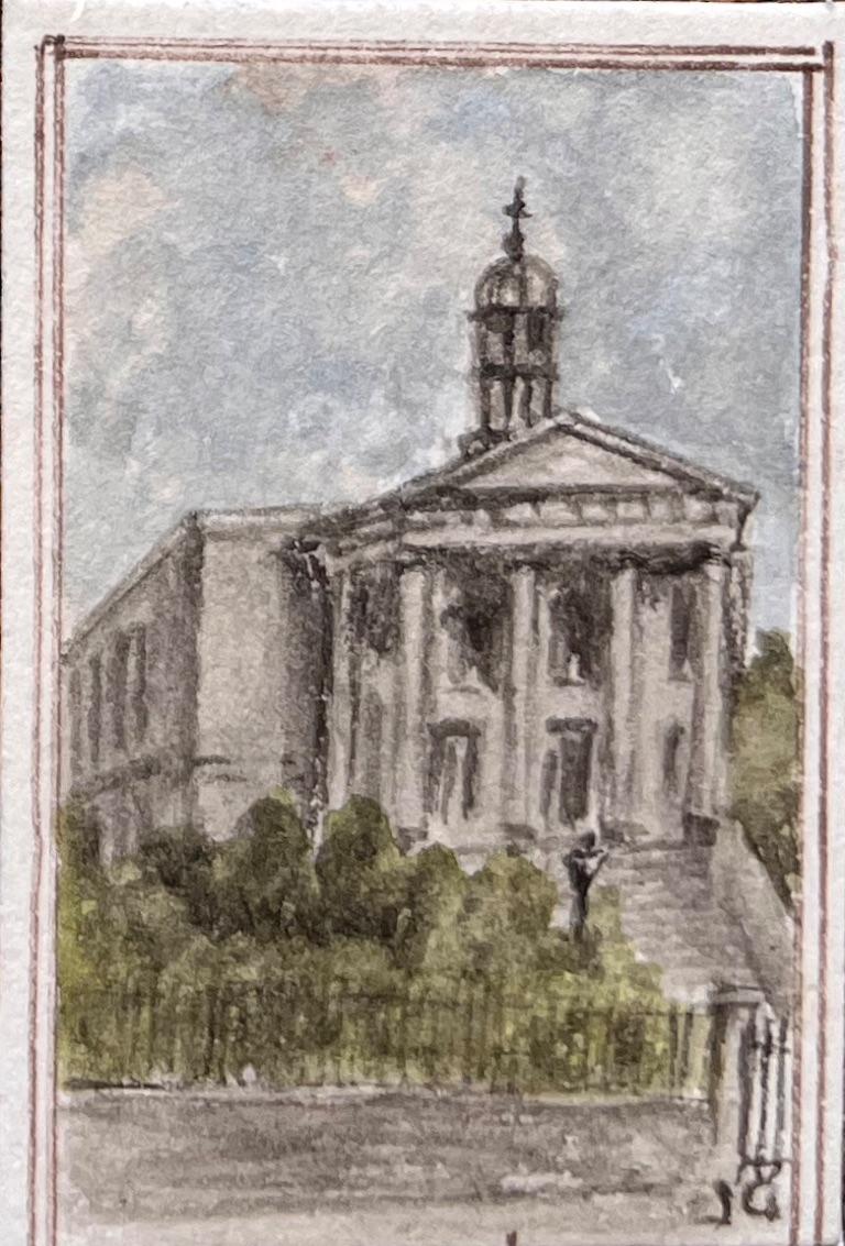 Ensemble de quatre aquarelles miniatures représentant des églises et des monuments de Bristol en vente 1