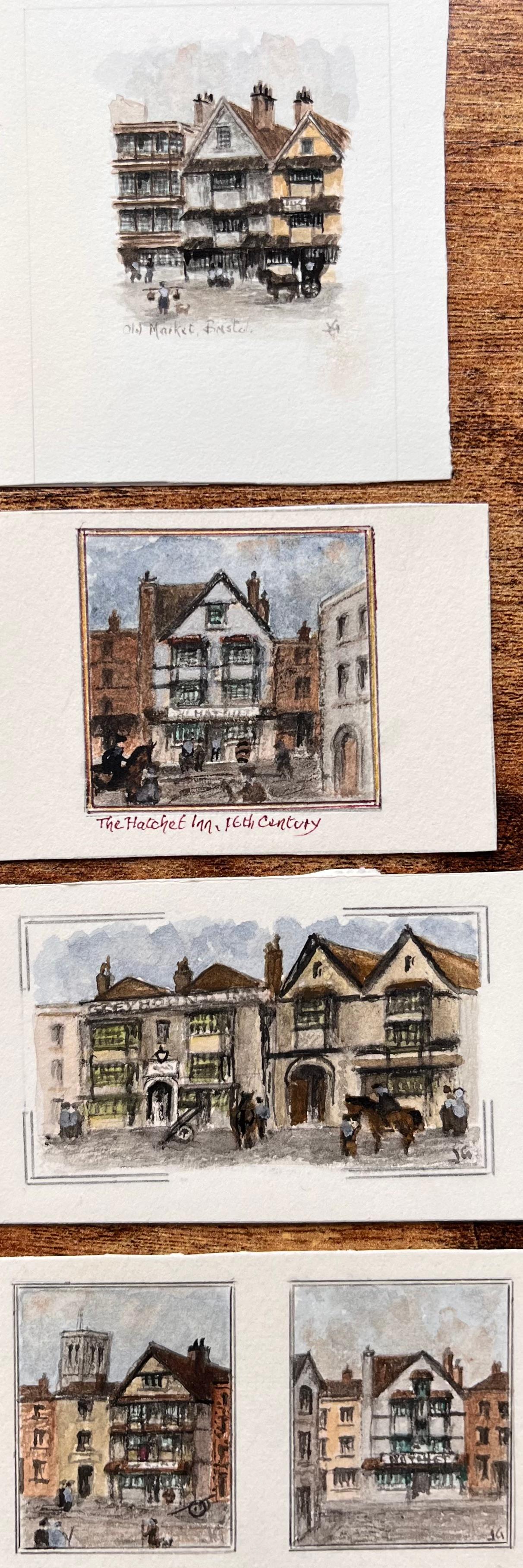 Landscape Art di Jack Grunwell - Set di cinque acquerelli in miniatura di locande storiche con struttura in legno a Bristol