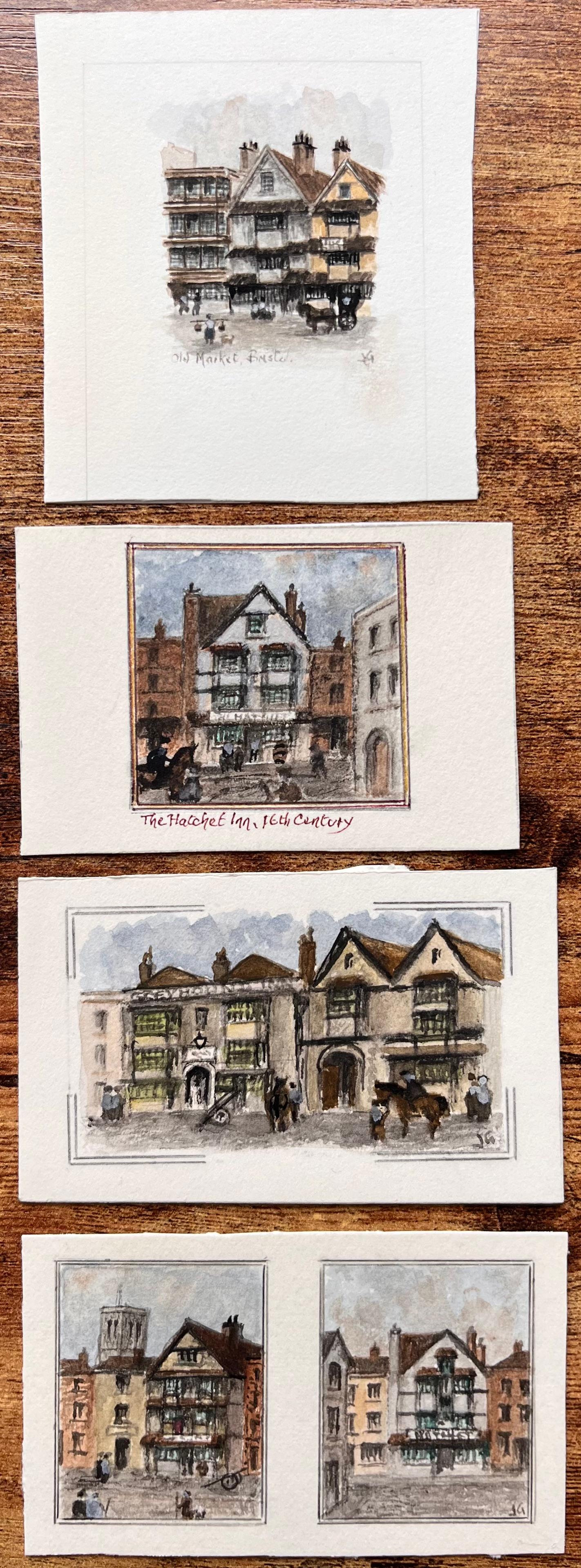 Set di cinque acquerelli in miniatura di locande storiche con struttura in legno a Bristol - Art di Jack Grunwell