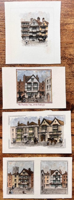 Set of Five Miniature Watercolors of Historic Timber-Framed Inns in Bristol