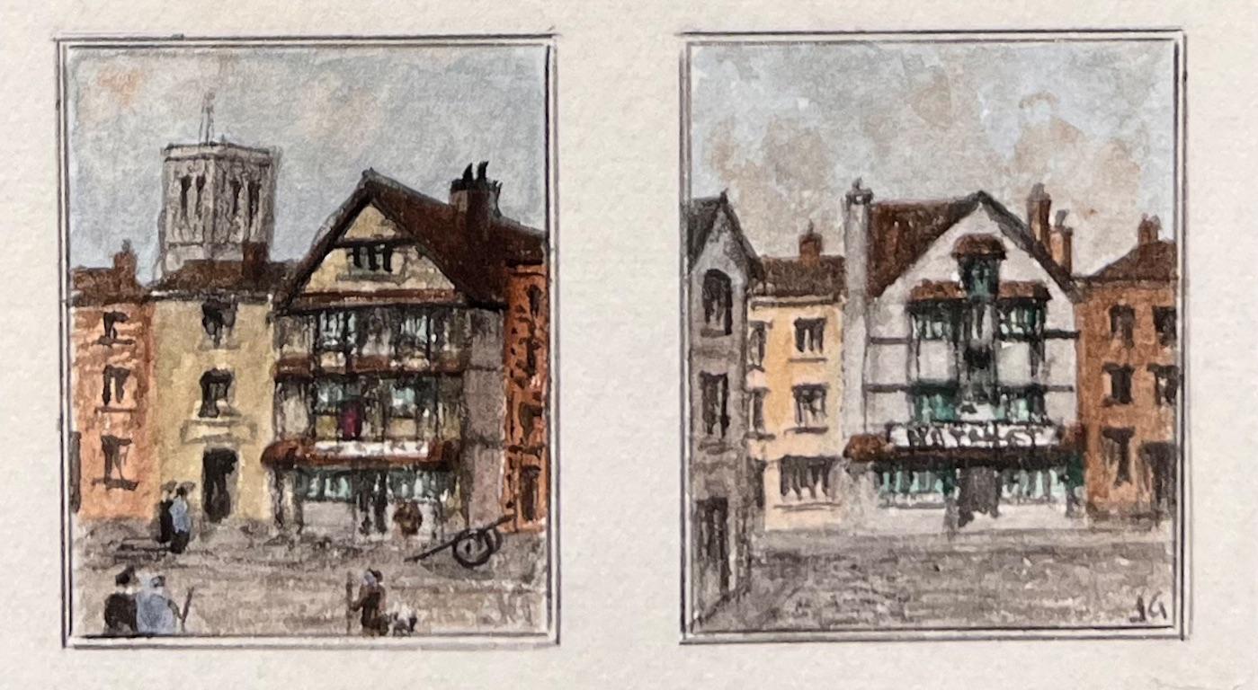 Set di cinque acquerelli in miniatura di locande storiche con struttura in legno a Bristol - Art Scuola inglese di Jack Grunwell