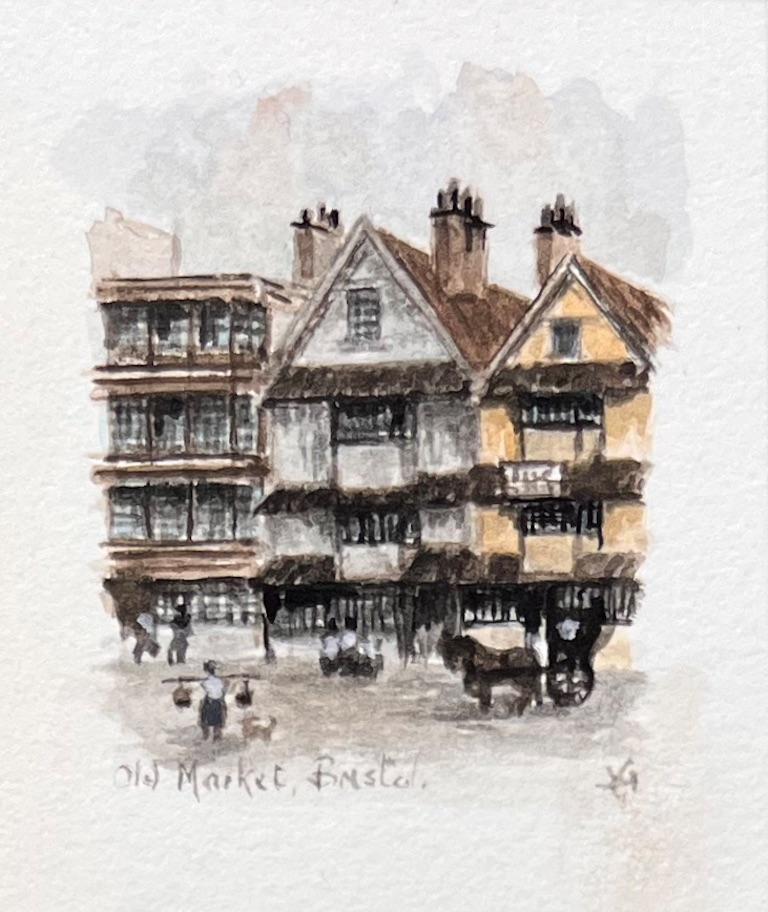 Set di cinque acquerelli in miniatura di locande storiche con struttura in legno a Bristol - Landscape Art Nero di Jack Grunwell