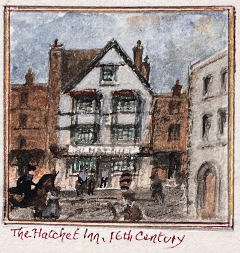 Titolo: Set di cinque acquerelli in miniatura di locande storiche con struttura in legno a Bristol
di Jack Grunwell, artista britannico del XX secolo 
Medium: Acquerello su cartoncino sottile, senza cornice
Misure (ciascuna): Circa tra: 2,25 pollici