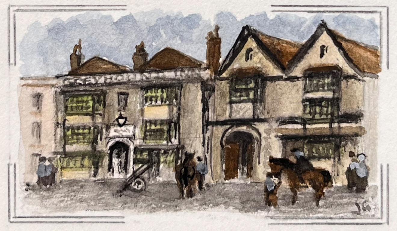Set di cinque acquerelli in miniatura di locande storiche con struttura in legno a Bristol in vendita 1