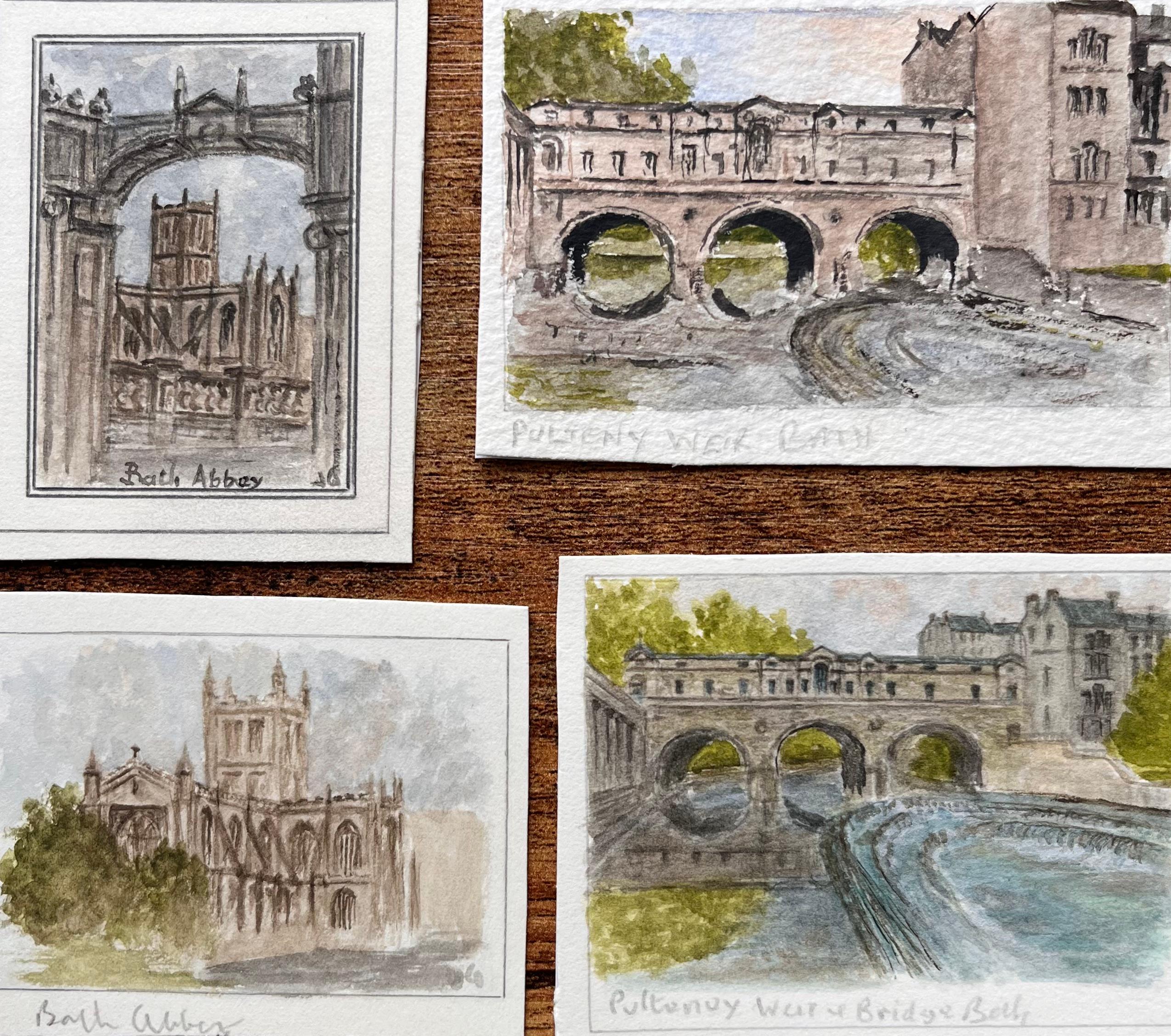 Set of Four Miniature Watercolors of Bath Abbey and Pulteney Bridge