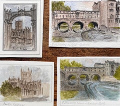 Set of Four Miniature Watercolors of Bath Abbey and Pulteney Bridge