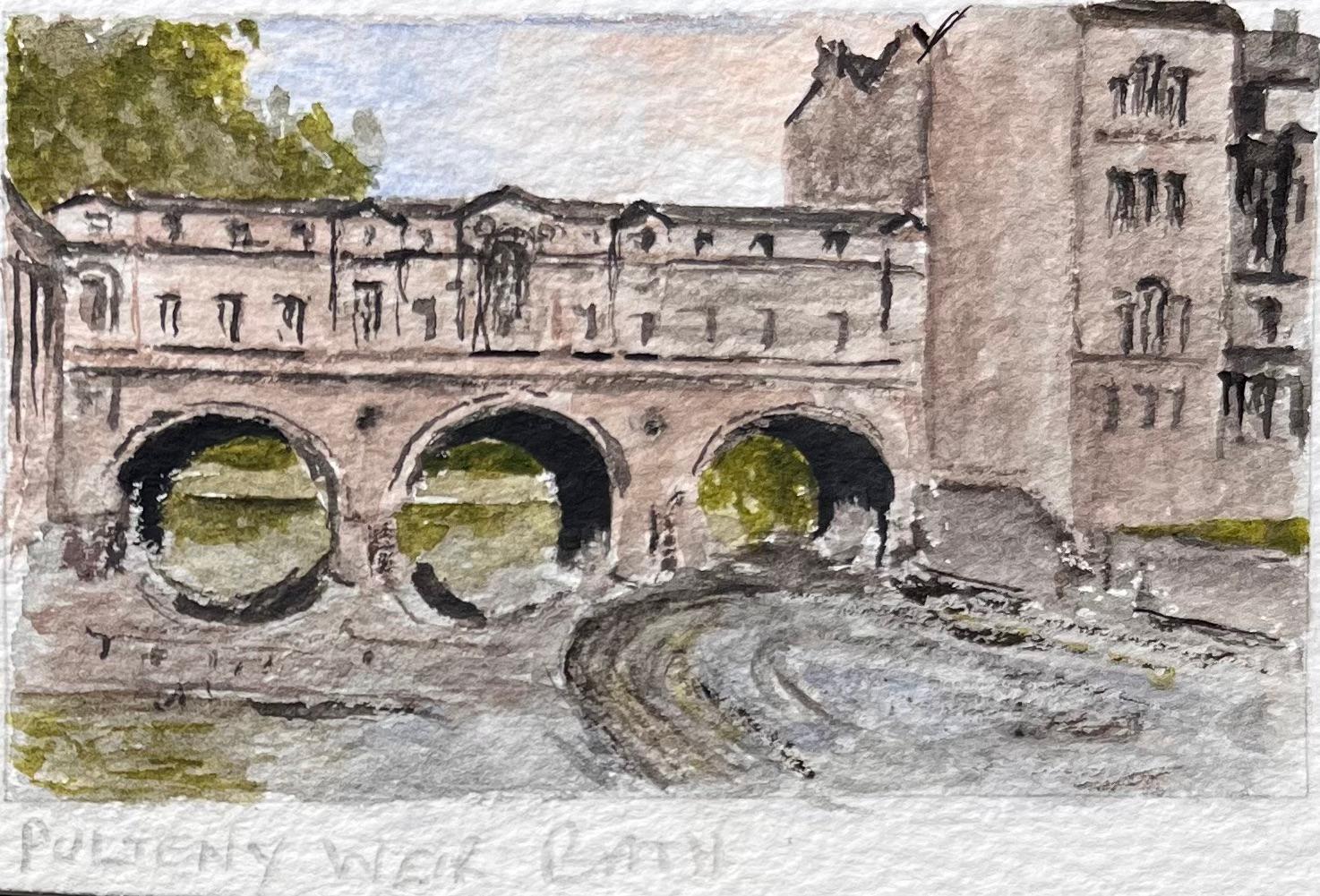 Set of Four Miniature Watercolors of Bath Abbey and Pulteney Bridge - English School Art by Jack Grunwell