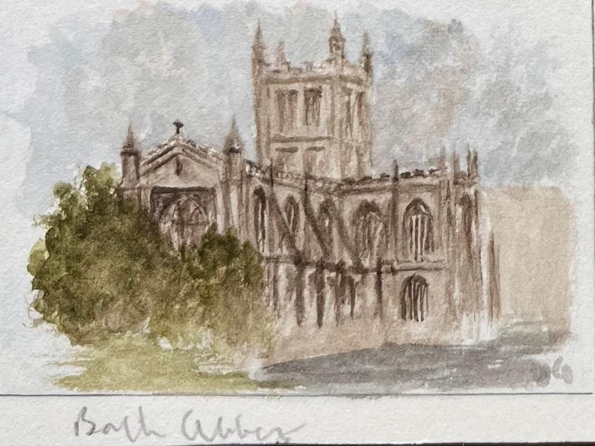 Set of Four Miniature Watercolors of Bath Abbey and Pulteney Bridge - Gray Landscape Art by Jack Grunwell