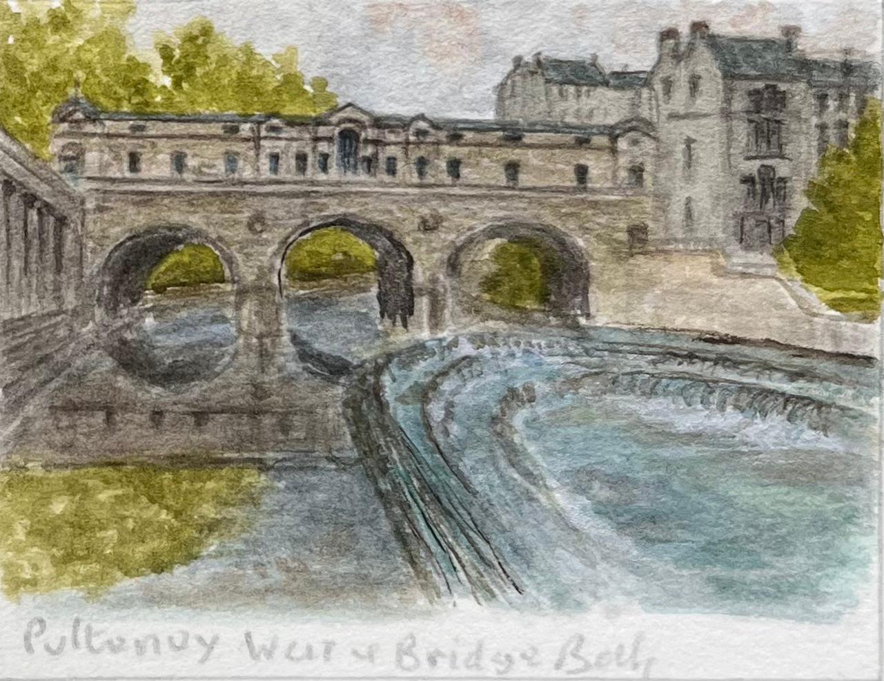 Title: Set of Four Miniature Watercolors of Bath Abbey and Pulteney Bridge
by Jack Grunwell, 20th century British artist 
Medium: Watercolor on thin card, unframed
Measurements (each): Approx. between: 2.75 inches (height) x 3.5 inches (width) and