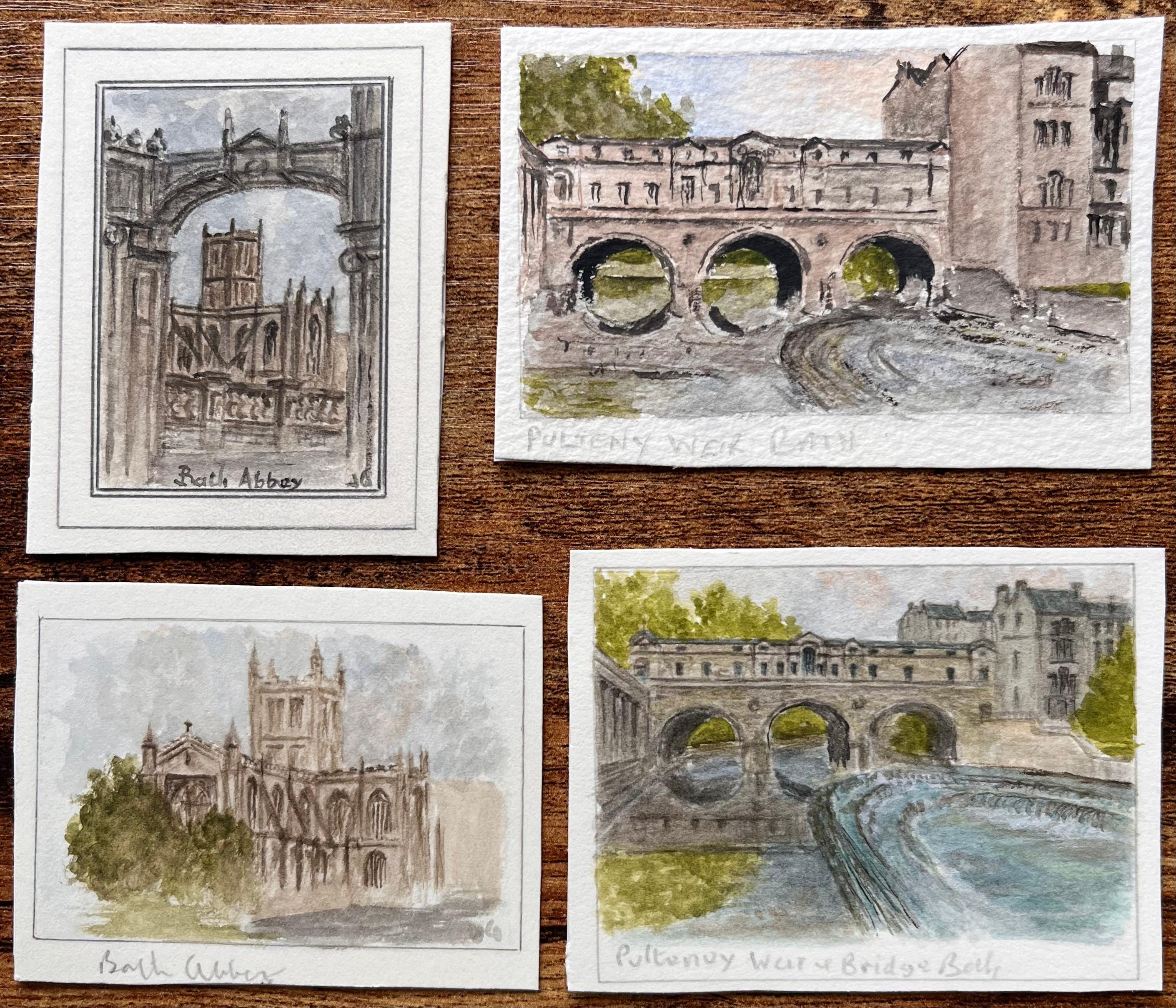 Set of Four Miniature Watercolors of Bath Abbey and Pulteney Bridge - Art by Jack Grunwell
