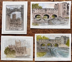 Set of Four Miniature Watercolors of Bath Abbey and Pulteney Bridge