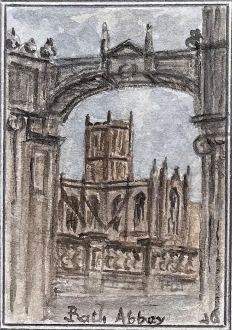 Set of Four Miniature Watercolors of Bath Abbey and Pulteney Bridge For Sale 1