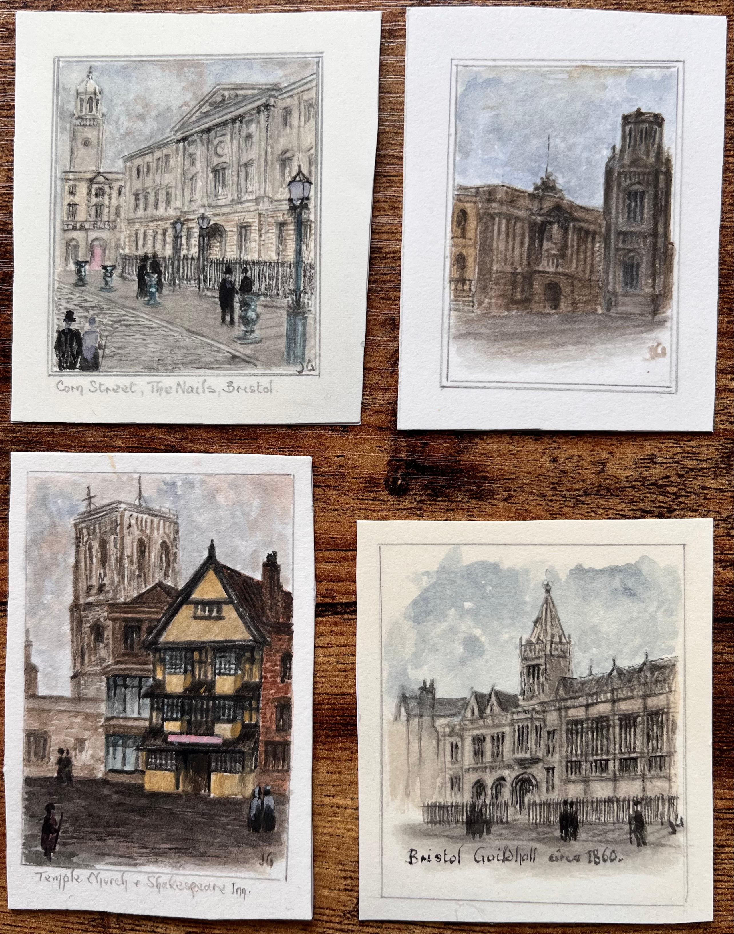 Set of Four Miniature Watercolors of Bristol Civic and Historic Landmarks - Painting by Jack Grunwell