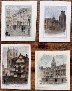 Set di quattro acquerelli in miniatura di monumenti civici e storici di Bristol