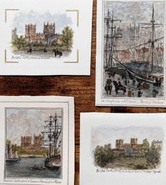 Set of Four Miniature Watercolors of Bristol Cathedral and Harbour Views
