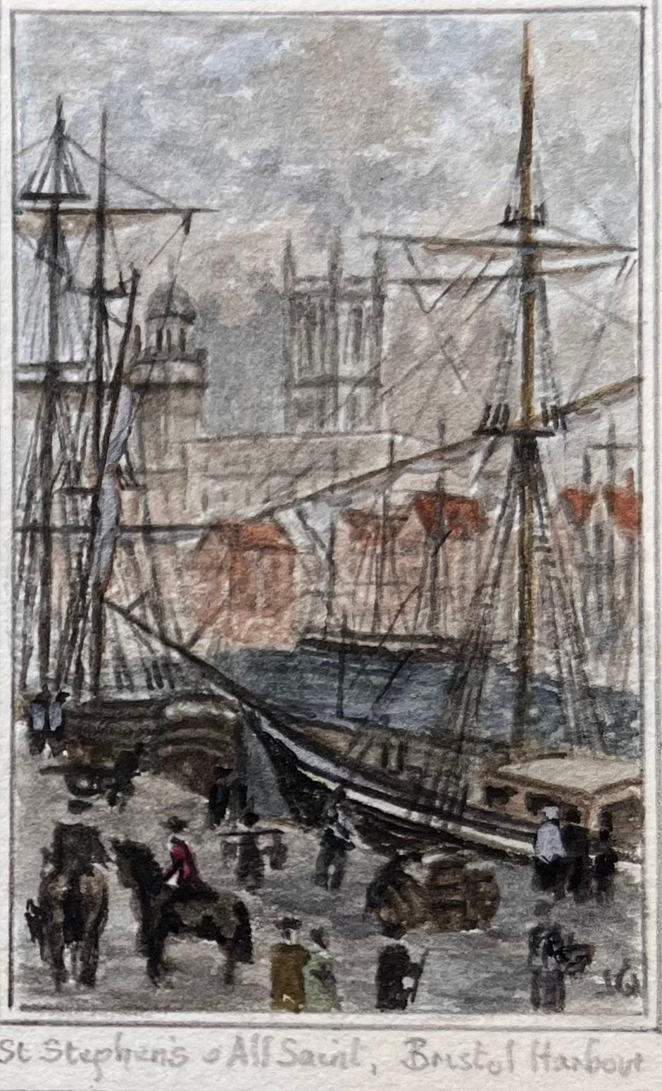 Set di quattro acquerelli in miniatura della Cattedrale di Bristol e viste del porto - Landscape Painting Grigio di Jack Grunwell