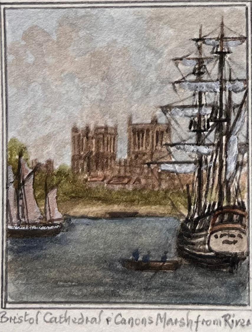 Titolo: Set di quattro acquerelli in miniatura della cattedrale di Bristol e viste del porto
di Jack Grunwell, artista britannico del XX secolo 
Medium: Acquerello su cartoncino sottile, senza cornice
Misure (ciascuna): Circa tra: 3,25 pollici