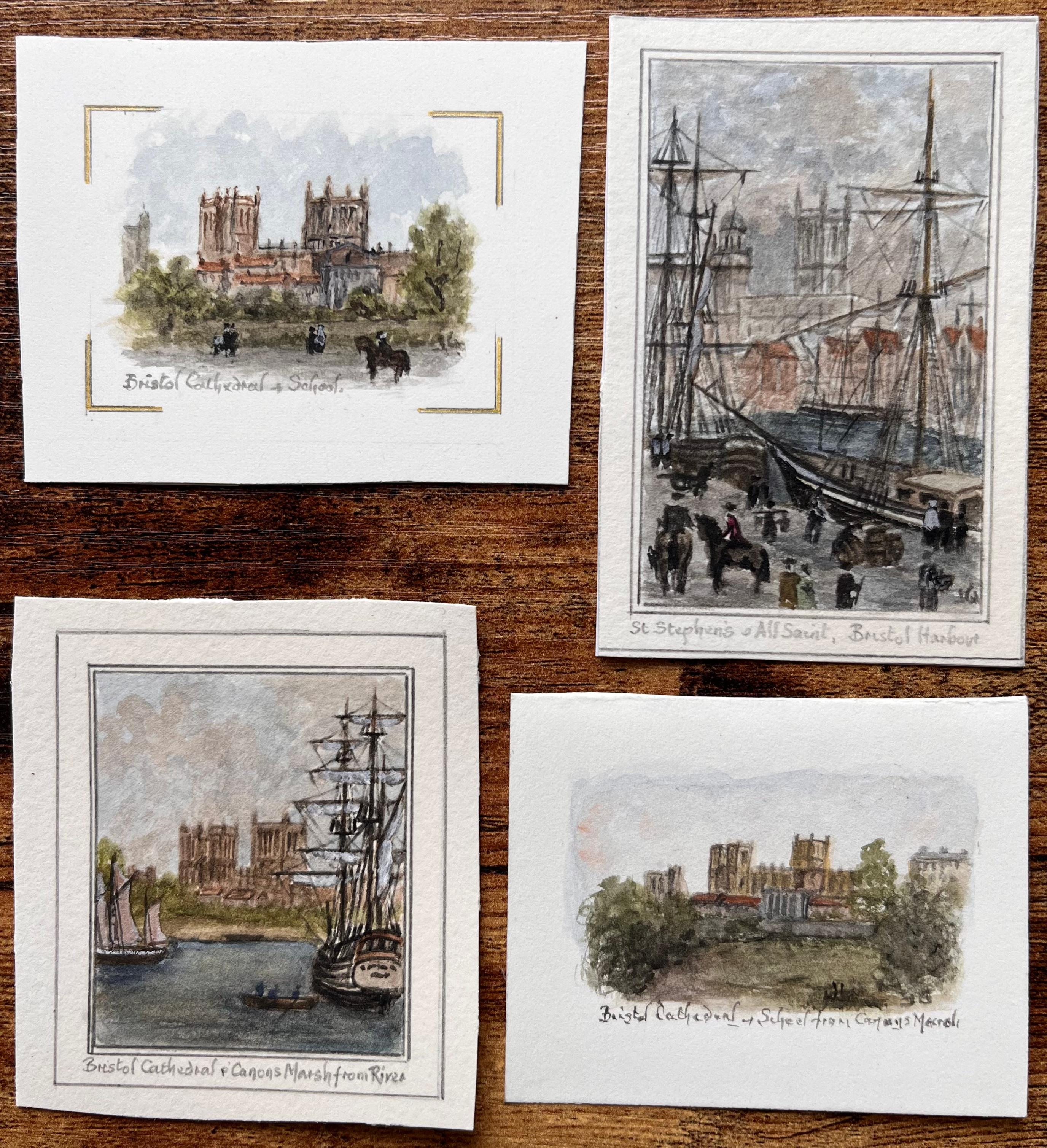 Set di quattro acquerelli in miniatura della Cattedrale di Bristol e viste del porto - Painting di Jack Grunwell