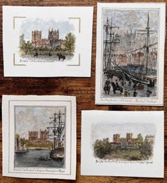 Set of Four Miniature Watercolors of Bristol Cathedral and Harbour Views