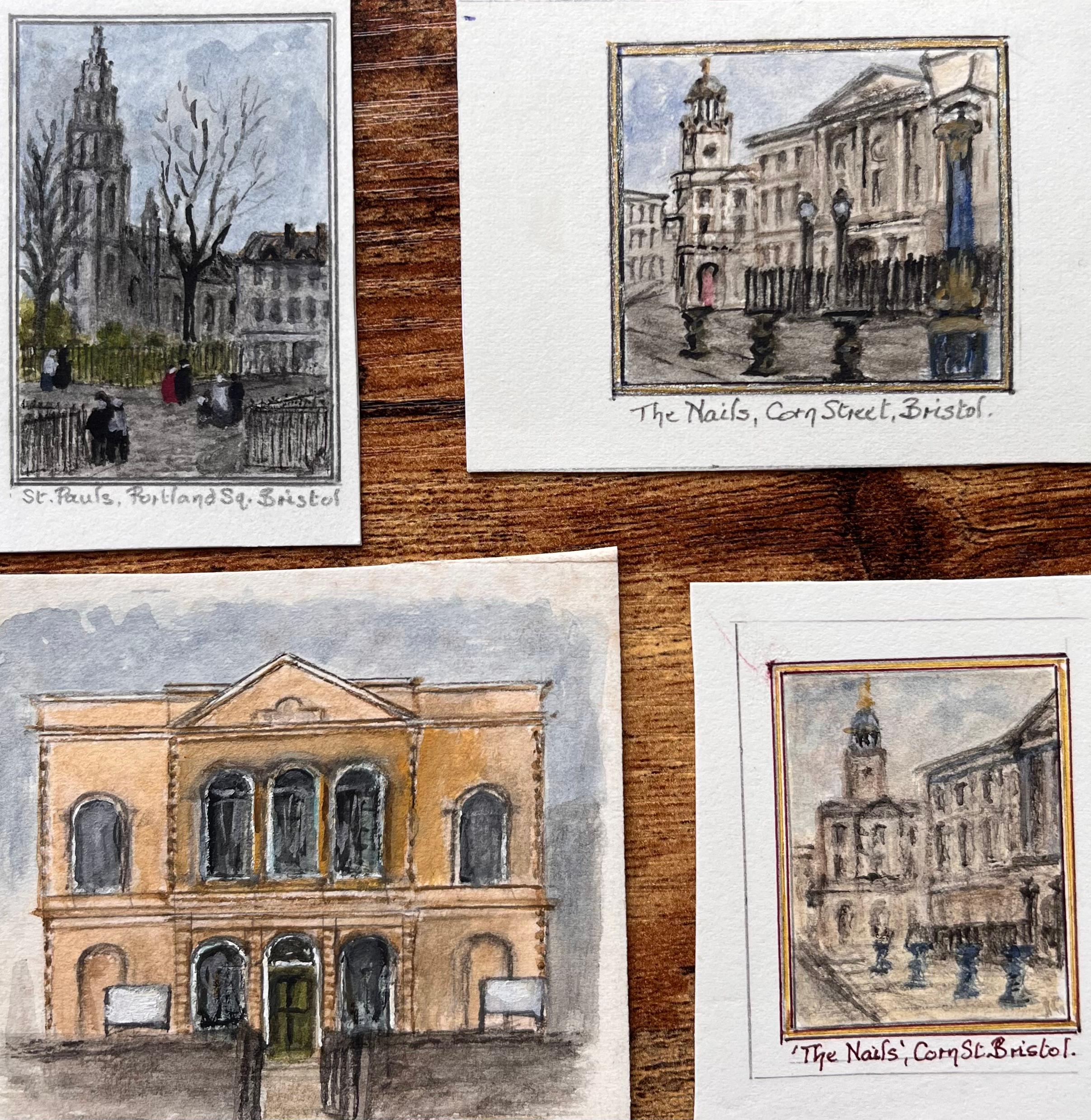 Set di quattro acquerelli in miniatura di Corn Street e chiese di Bristol