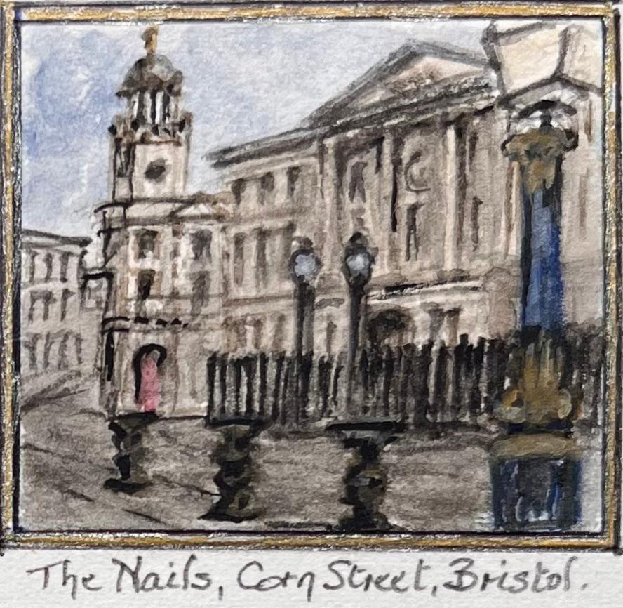 Set di quattro acquerelli in miniatura di Corn Street e chiese di Bristol - Art Scuola inglese di Jack Grunwell