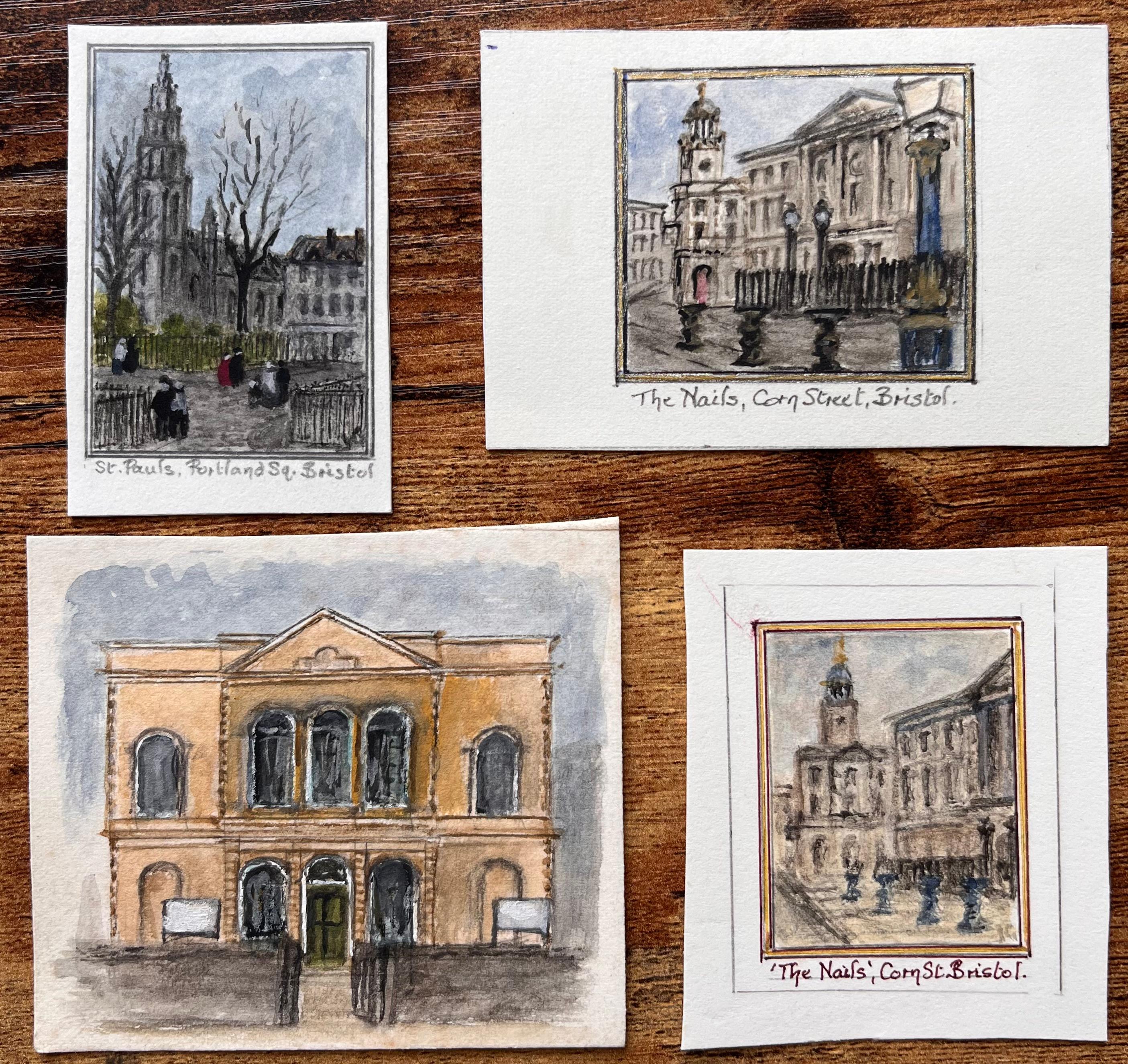 Set di quattro acquerelli in miniatura di Corn Street e chiese di Bristol - Art di Jack Grunwell