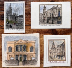 Set of Four Miniature Watercolors of Corn Street and Churches in Bristol