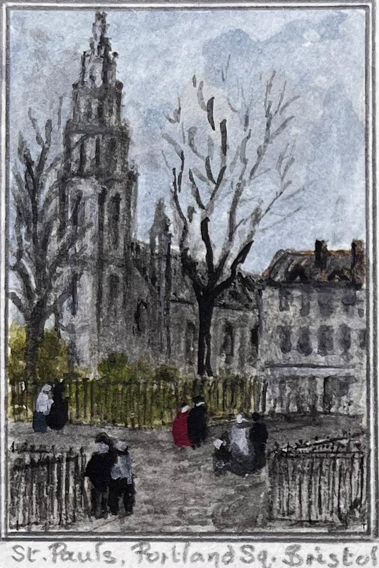 Titolo: Set di quattro acquerelli in miniatura di Corn Street e chiese di Bristol
di Jack Grunwell, artista britannico del XX secolo 
Medium: Acquerello su cartoncino sottile, senza cornice
Misure (ciascuna): Circa tra: 3 pollici (altezza) x 3,5