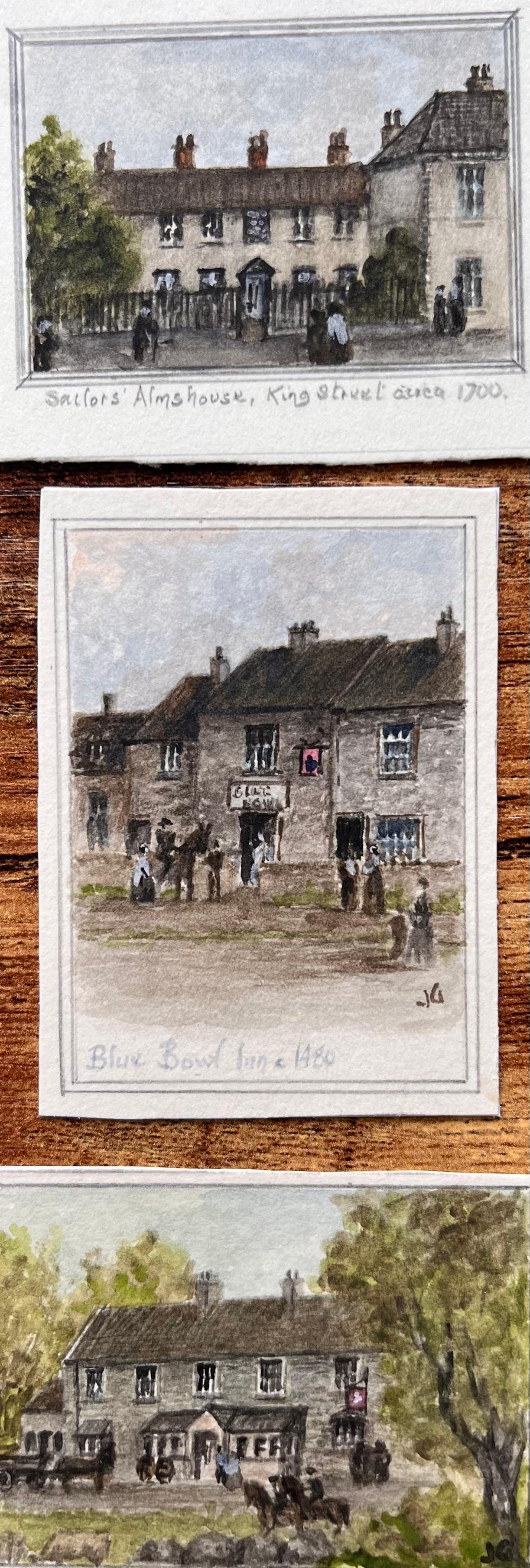 Jack Grunwell Landscape Painting – Satz von drei Miniatur-Aquarellen historischer Gasthäuser und Armenhäuser in Bristol